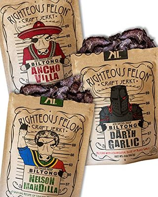 Righteous Felon Biltong Beef Jerky Variety Pack | South African Biltong Snack Packs for Adults | High Protein, Keto-Friendly, Low Sugar | Made with Premium Meats | Beef Jerky Gifts for Men | 3 Pack