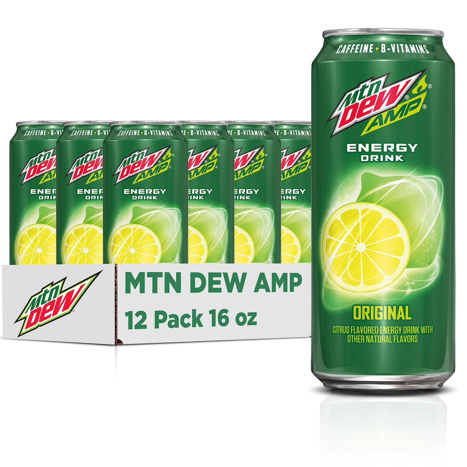 Mtn Dew AMP Energy, Original, Energy Drink with Caffeine, B Vitamins, 16 fl oz cans (12 Pack)
