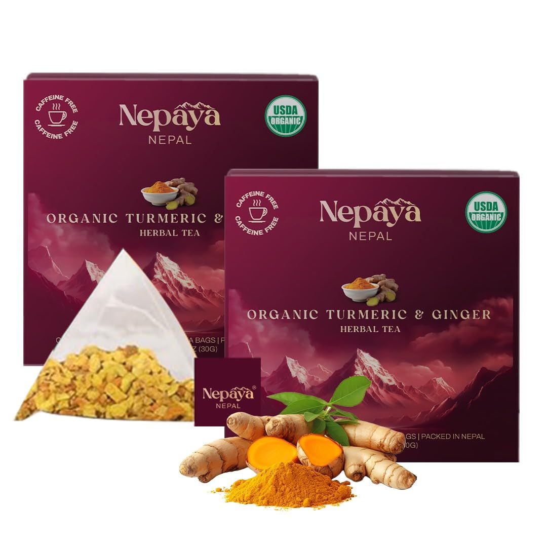 Organic Turmeric Ginger Herbal Tea 30 Count (Pack of 2) Pyramid Tea Bags from the Himalayas, Caffeine Free, Gluten Free, USDA Organic, warm and spicy Taste, biodegradable Tea Bags