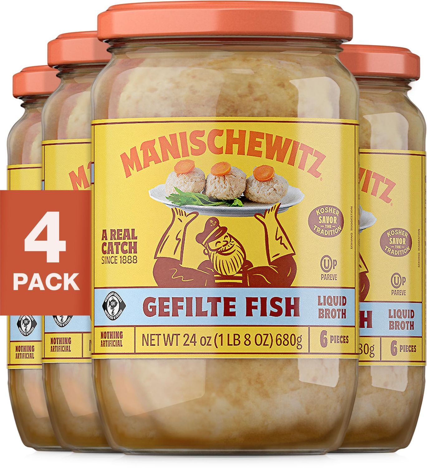 Manischewitz Gefilte Fish in Liquid Broth, 24 oz (4 Pack) | Protein Rich | Kosher for Passover | No MSG