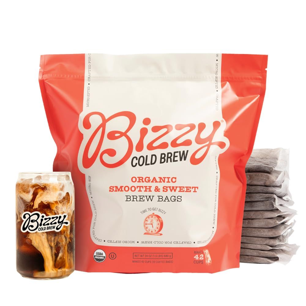 Bizzy Organic Cold Brew Coffee | Smooth &amp; Sweet Blend | Coarse Ground Coffee | Medium Roast | Micro Sifted | Specialty Grade | 100% Arabica | Brew Bags | 12 Count | Makes 42 Cups