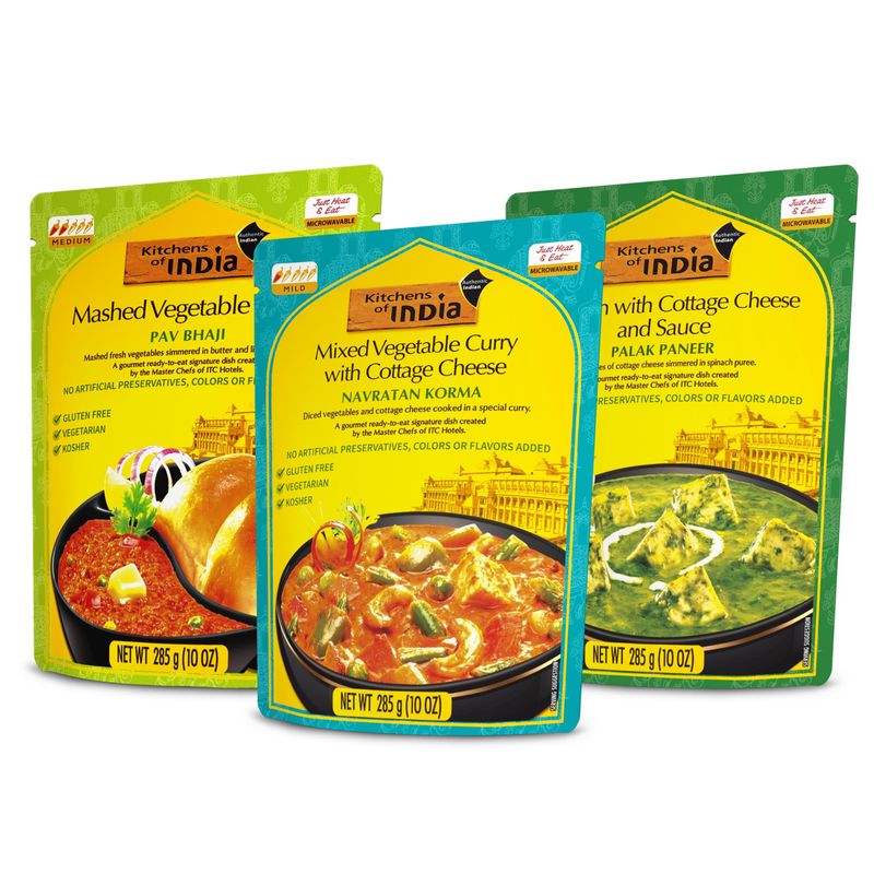 Kitchens of India Ready To Eat Combo - Navratan Korma, Palak Paneer &amp; Pav Bhaji, 10 Ounces - Pack of 3, Authentic Vegetarian Indian Food, Gluten-Free