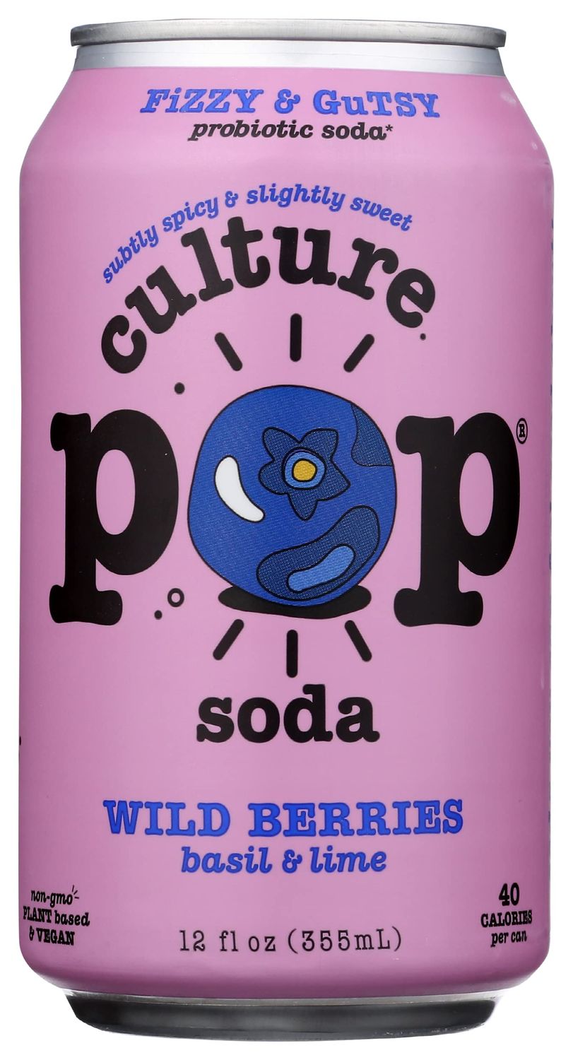 Culture Pop Soda Sparkling Probiotic Drink, 40 Calories Per Can, Vegan Soda for Gut Health, Non-GMO, GF, No Added Sugar, Wild Berries, 12 Fluid Ounce (Pack of 12)