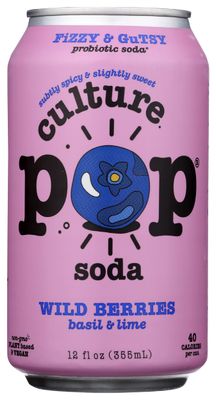 Culture Pop Soda Sparkling Probiotic Drink, 40 Calories Per Can, Vegan Soda for Gut Health, Non-GMO, GF, No Added Sugar, Wild Berries, 12 Fluid Ounce (Pack of 12)
