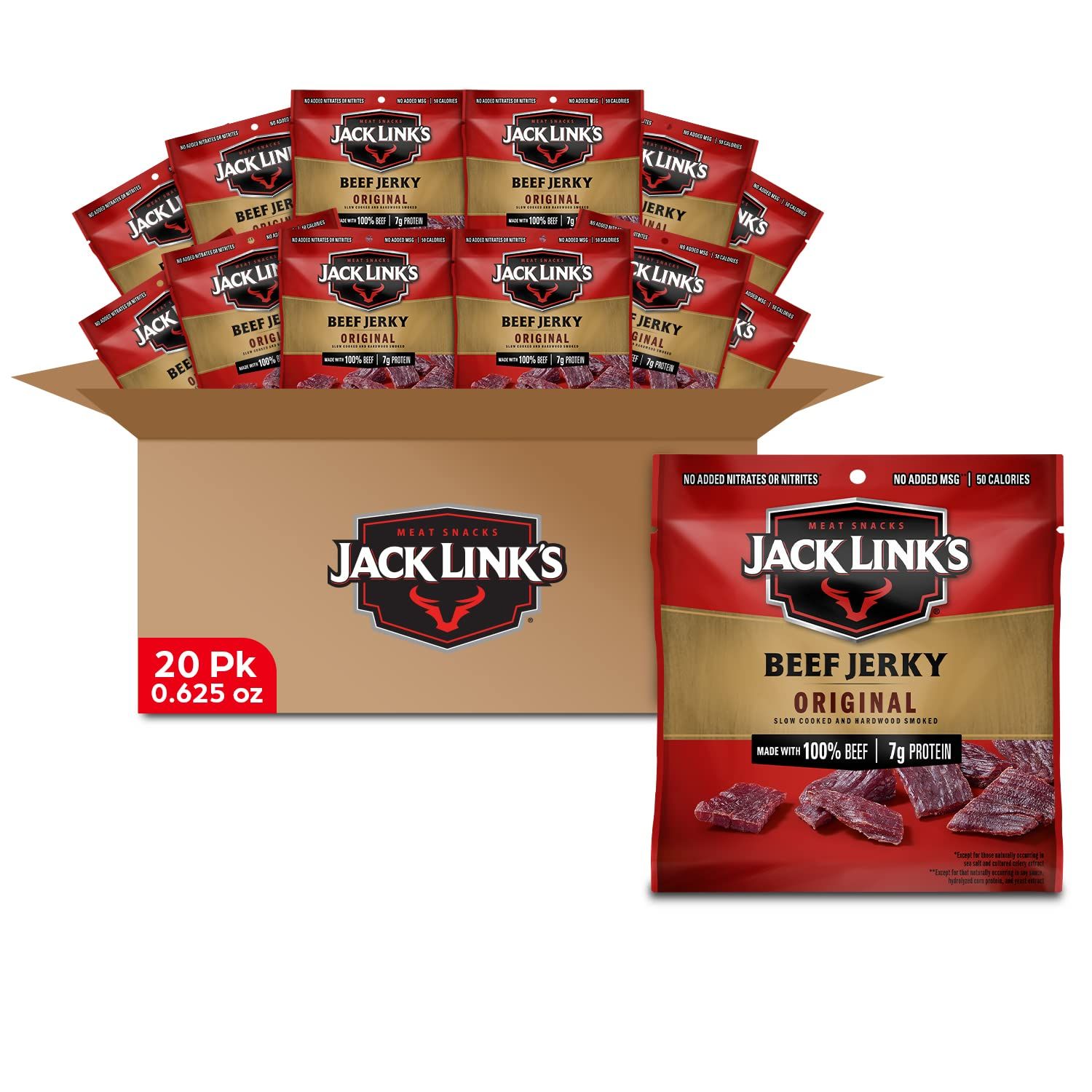 Jack Link&#39;s Beef Jerky, Original, Multipack Bags - Flavorful Meat Snacks for Lunches, Ready to Eat, Individual Packs - 7g of Protein, Made with 100% Beef - 0.625 oz (Pack of 20)