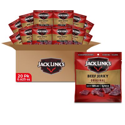Jack Link&#39;s Beef Jerky, Original, Multipack Bags - Flavorful Meat Snacks for Lunches, Ready to Eat, Individual Packs - 7g of Protein, Made with 100% Beef - 0.625 oz (Pack of 20)