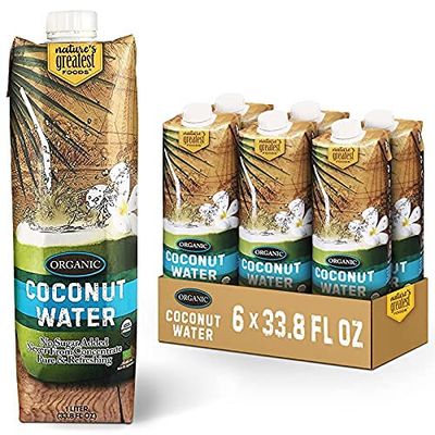 Nature&#39;s Greatest Foods, Organic Coconut Water, USDA Organic Certified, No Sugar Added, Never from Concentrate, Pure &amp; Refreshing, 33.8 fl oz (Pack of 6)