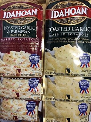 Idahoan Mashed Potatoes Roasted Garlic Variety Bundle, 4 oz (Pack of 6) includes 3-Packages of Roasted Garlic Mashed Potatoes Plus 3-Packages Roasted Garlic &amp; Parmesan Baby Reds Mashed Potatoes