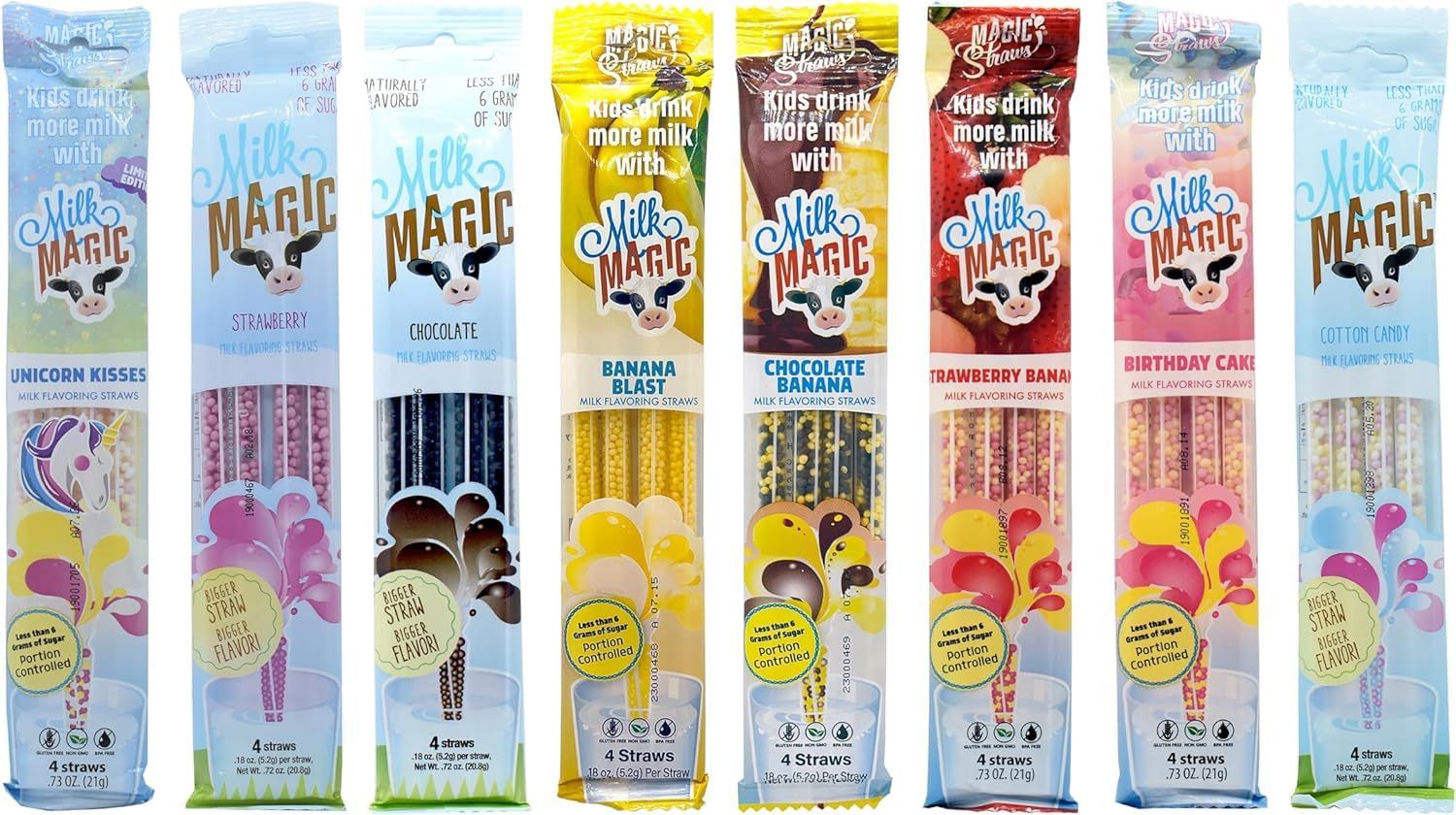 Milk Magic Milk Flavoring Straws, 8-Pack Bundle (32 count), Chocolate Banana, Banana, Strawberry Banana, Unicorn Kisses, Cotton Candy, Birthday Cake, Strawberry, and Chocolate Cereal Straws