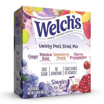 Welch&#39;s Singles To Go Variety Pack, Watertok Powdered Drink Mix, Includes 4 Flavors, Grape, Passion fruit, Strawberry Peach, Cherry Pomegranate, 1 Box (30 Servings)