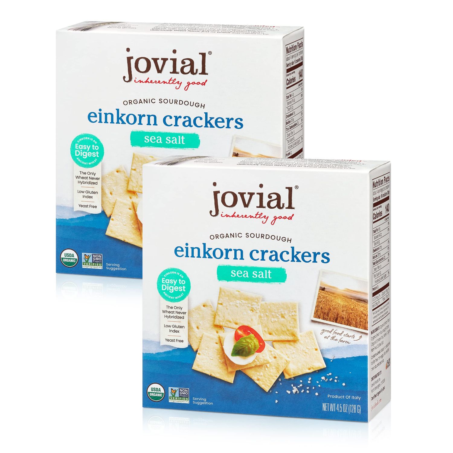 Jovial Organic Sourdough Einkorn Sea Salt Crackers - Sourdough Crackers, Crackers for Cheese Platter, Made with Einkorn, USDA Organic, Non-GMO - 4.5 Oz, 2 Pack