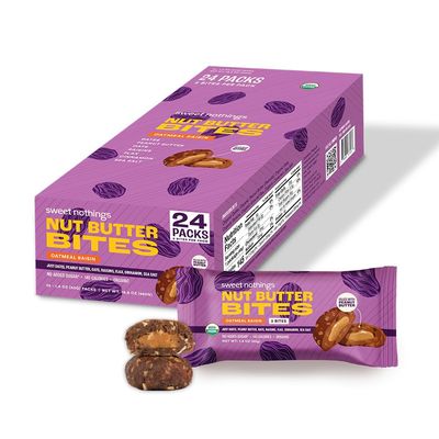 Sweet Nothings, Superfood Nut Butter Bites Organic Snack, Oatmeal Raisin, Filled with Peanut Butter, 24-2 Bite Packs - No Added Sugar, Plant Based, Vegan, Only 7 Ingredients