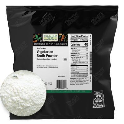 Frontier Co-op Vegetarian Broth Powder, 1lb - Vegan, No-Chicken, Veggie Alternative to Bouillon Powder - Bulk Bag, Shaker Refill, Restaurant Supply