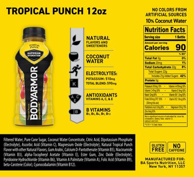 BODYARMOR Sports Drink Sports Beverage, Tropical Punch, Coconut Water Hydration, Natural Flavors With Vitamins, Potassium-Packed Electrolytes, Perfect For Athletes, 12 Fl Oz (Pack of 8)