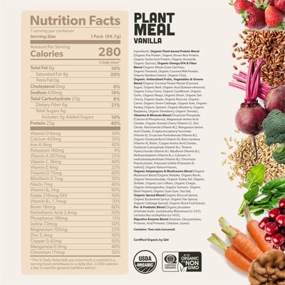 Plant Meal Replacement Shake - Vanilla - 25g of Plant Based Vegan Protein Powder, 76+ Organic Superfoods, Vitamins & Minerals, Mushrooms, Super Greens, Digestive Enzymes & Probiotics - 1 Serving