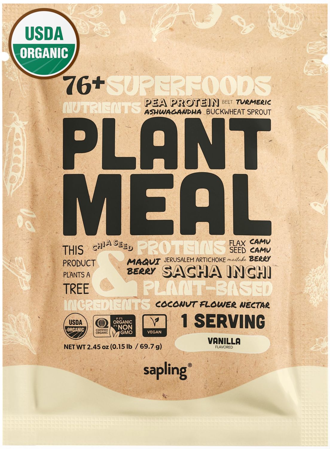 Plant Meal Replacement Shake - Vanilla - 25g of Plant Based Vegan Protein Powder, 76+ Organic Superfoods, Vitamins &amp; Minerals, Mushrooms, Super Greens, Digestive Enzymes &amp; Probiotics - 1 Serving