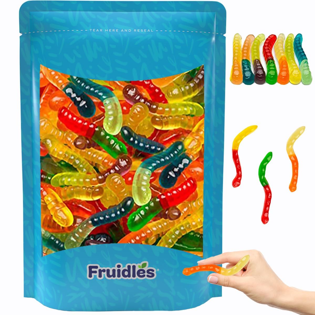 Fruidles Large Gummi Worms Candy, Assorted Fruit Flavors Gummies, Allergy Friendly, Non-GMO, No Artificial Sweeteners Gummy (1 Pound)