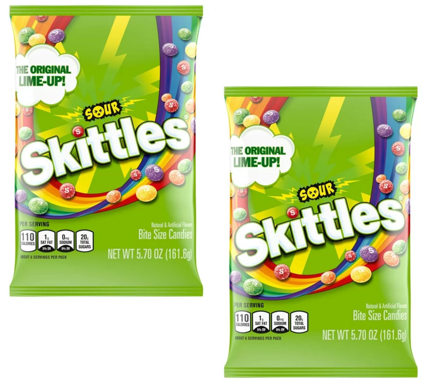 Skittle Sours Candy - Pack of 2 - Smiling Sweets - Sour Outside and Sweet Inside - Bite Size Candy - Perfect for Sharing - Strawberry, Grape, Orange, Lemon, and Lime