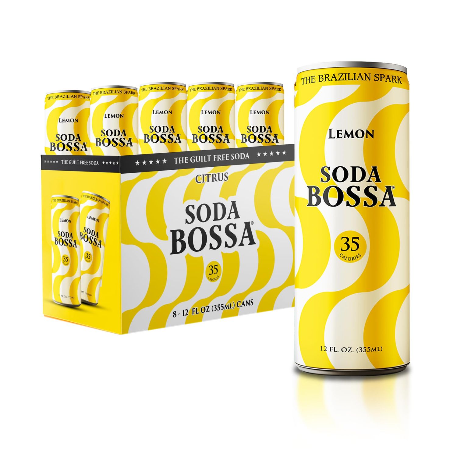 Soda Bossa Sparkling Soda, Lemon Flavor, Low-Calorie, Gluten Free &amp; Guilt-Free Sparkling Soda Drink - Natural Soda - Craft Soda 8-12 FL OZ Cans/Box (Pack of 1 Box)