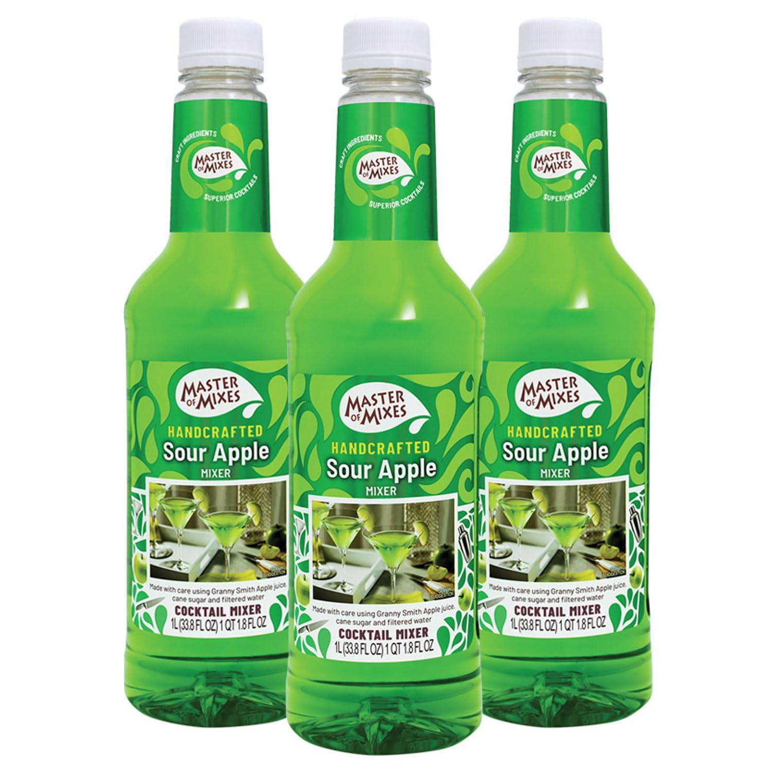 Master of Mixes Sour Apple Martini Drink Mix, Ready to Use, 1 Liter Bottle (33.8 Fl Oz), Pack of 3
