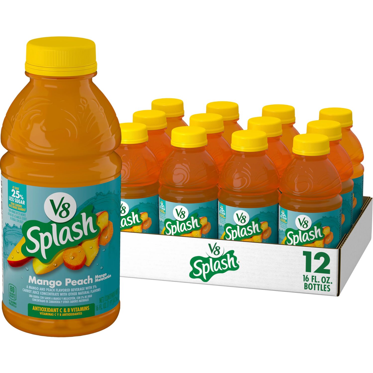 V8 Splash Mango Peach Flavored Juice Beverage, 16 fl oz Bottle (12 Pack)