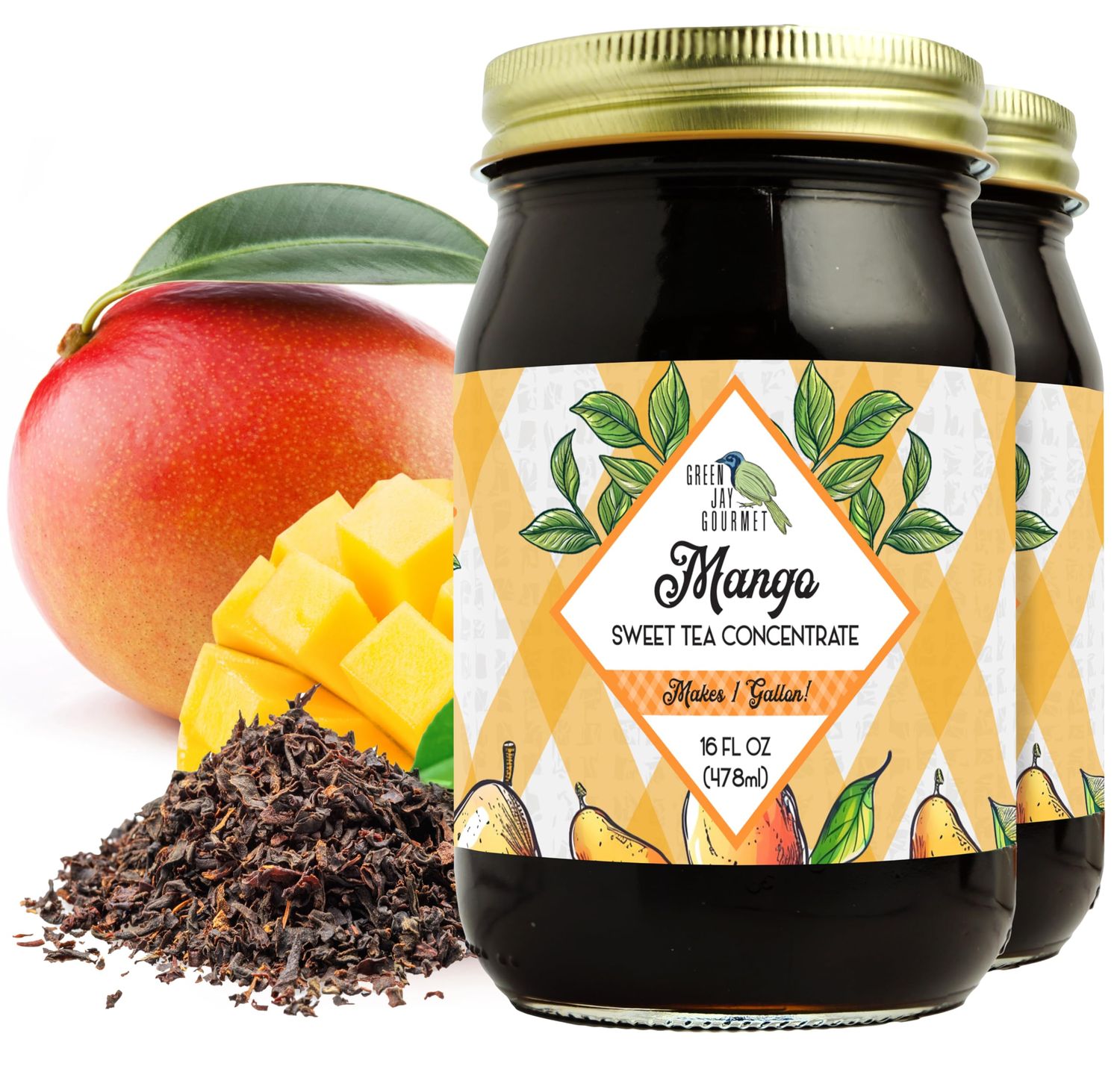 Green Jay Gourmet Mango Sweet Tea Concentrate - All-Natural Black Tea - Easy to Prepare &amp; Makes 1 Gallon - Handcrafted in the USA in a Pint Mason Jar - Ideal for Parties &amp; Gatherings - 2 x 16 Ounces