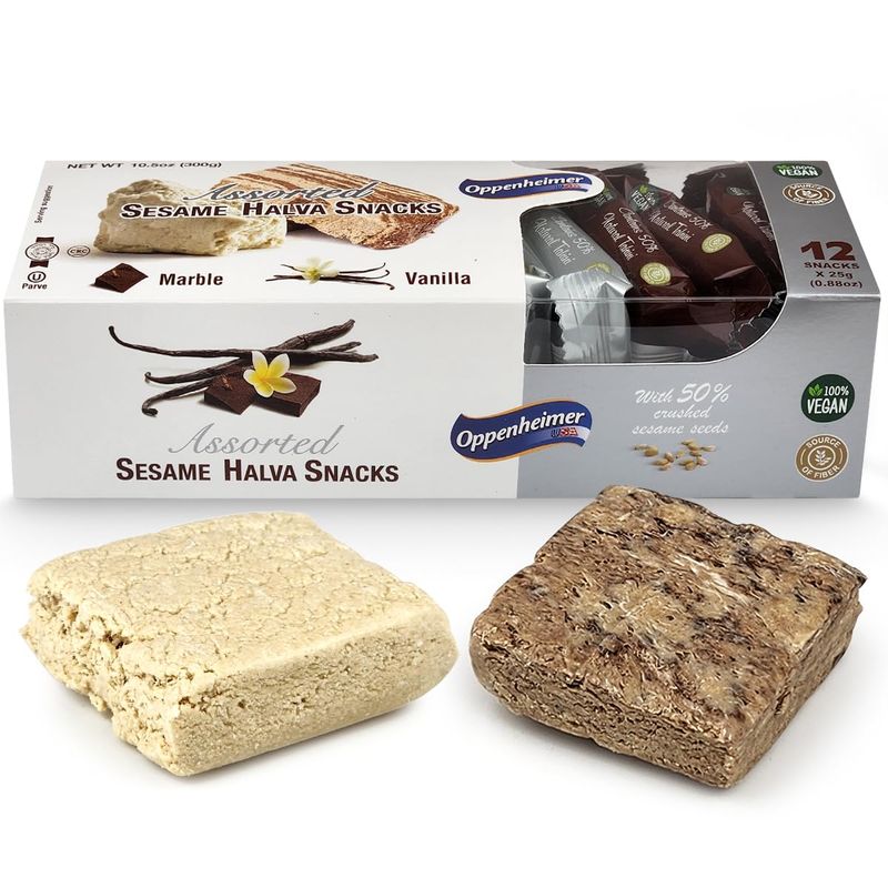 Assorted Sesame Halva Snacks Vanilla and Marble Flavors - Delicious Sweet Israeli Snacks Sesame Treat Bars Assortment for Melt-in-Your Mouth Delight, Vegan, Kosher - 12 Pack, 0.88 Oz Each (Total 25g)