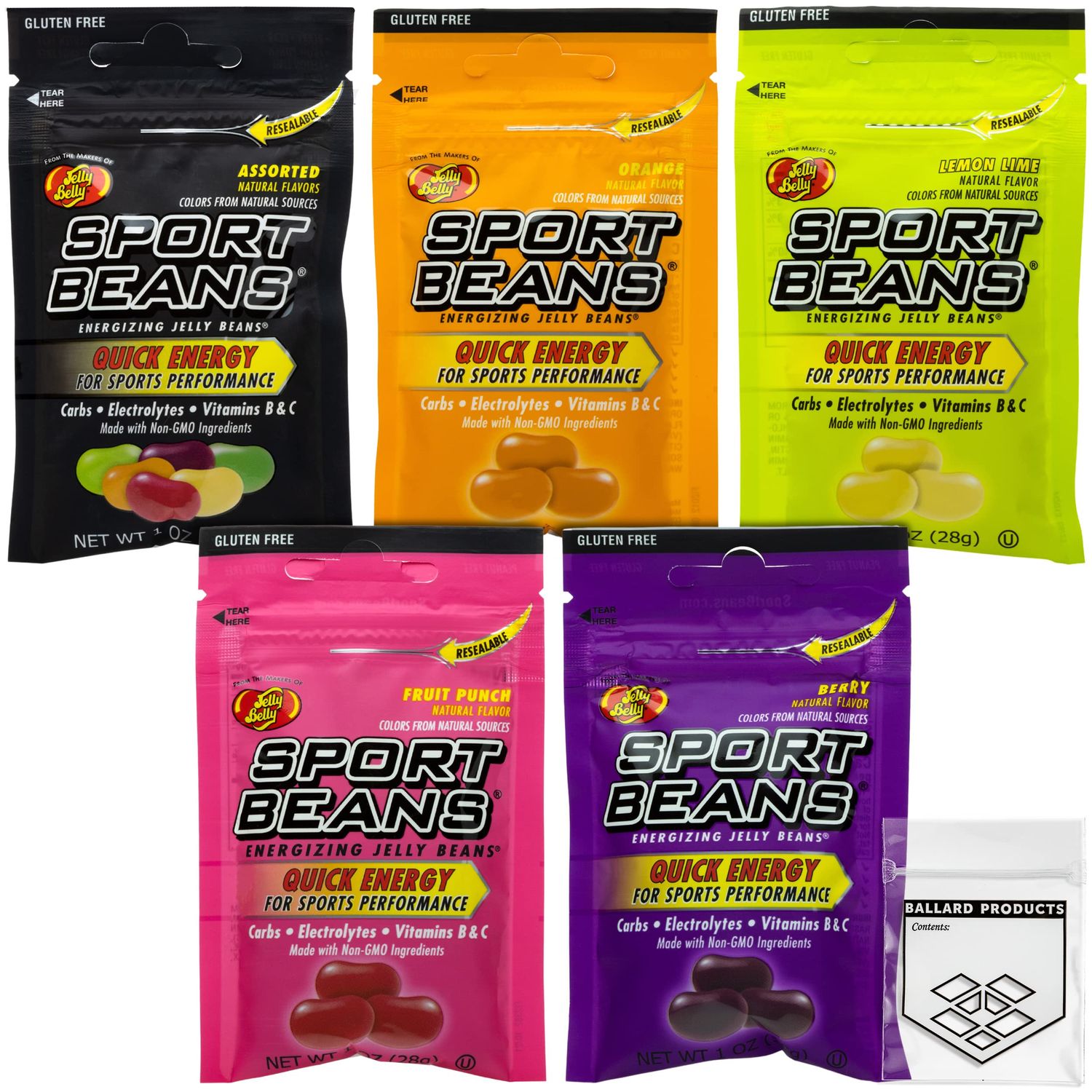 Jelly Belly Sports Beans Bulk Pack of 5 Bags - 5 Bags of Jelly Beans Energy Chews For Running - Candy Jelly Beans for Sports Nutrition - Bundle with Ballard Products Pocket Bag