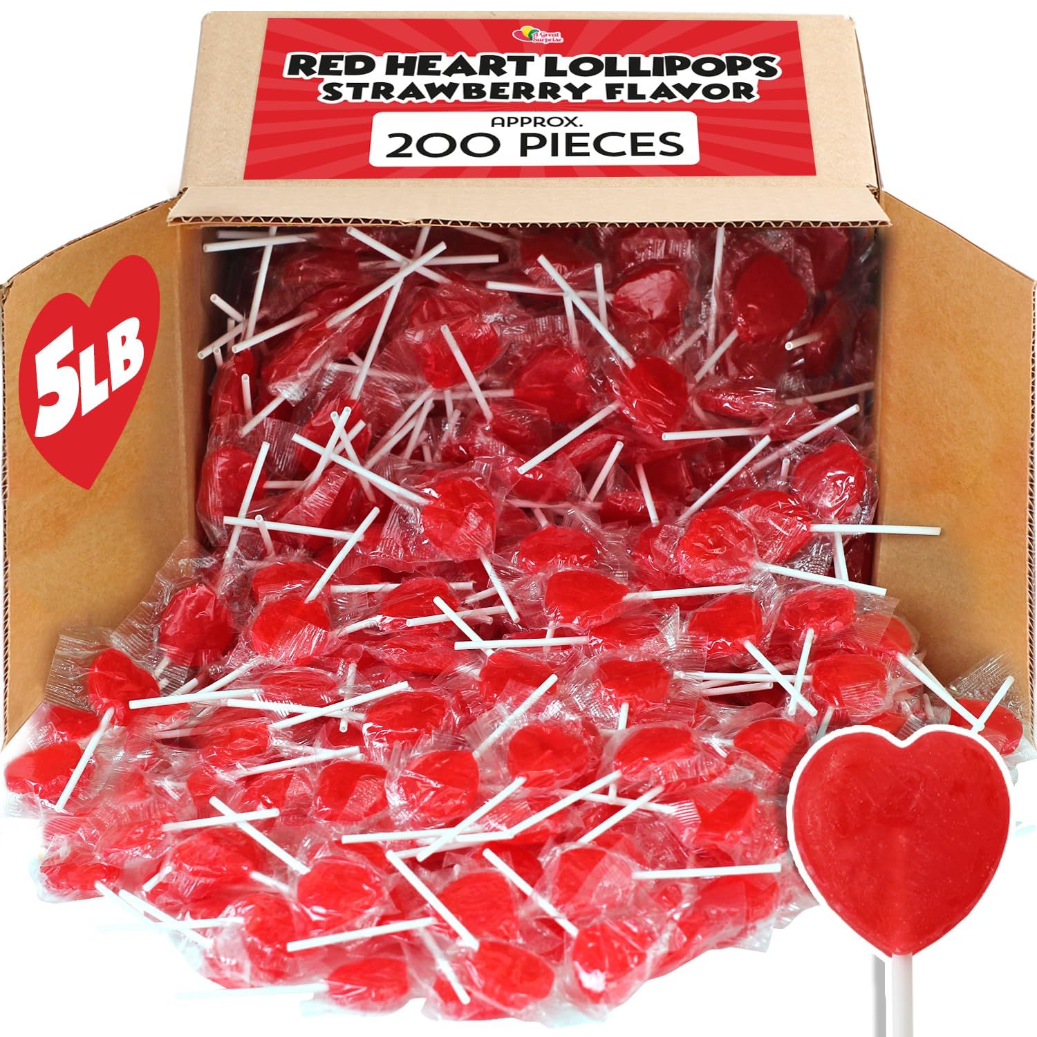 Red Heart Lollipops  5 Pounds Bulk  Approx 200 ct  Strawberry Flavored Lollies  Red Party Favors for Wedding Engagement Bachelorette  Red Candy for Candy Buffet  Classic Flat Lollipop
