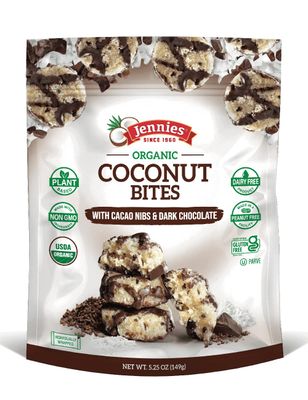 Jennies Organic Coconut Bites with Cacao Nibs and Dark Chocolate, 5.25oz | Gluten Free | Peanut Free | Dairy Free | Non GMO