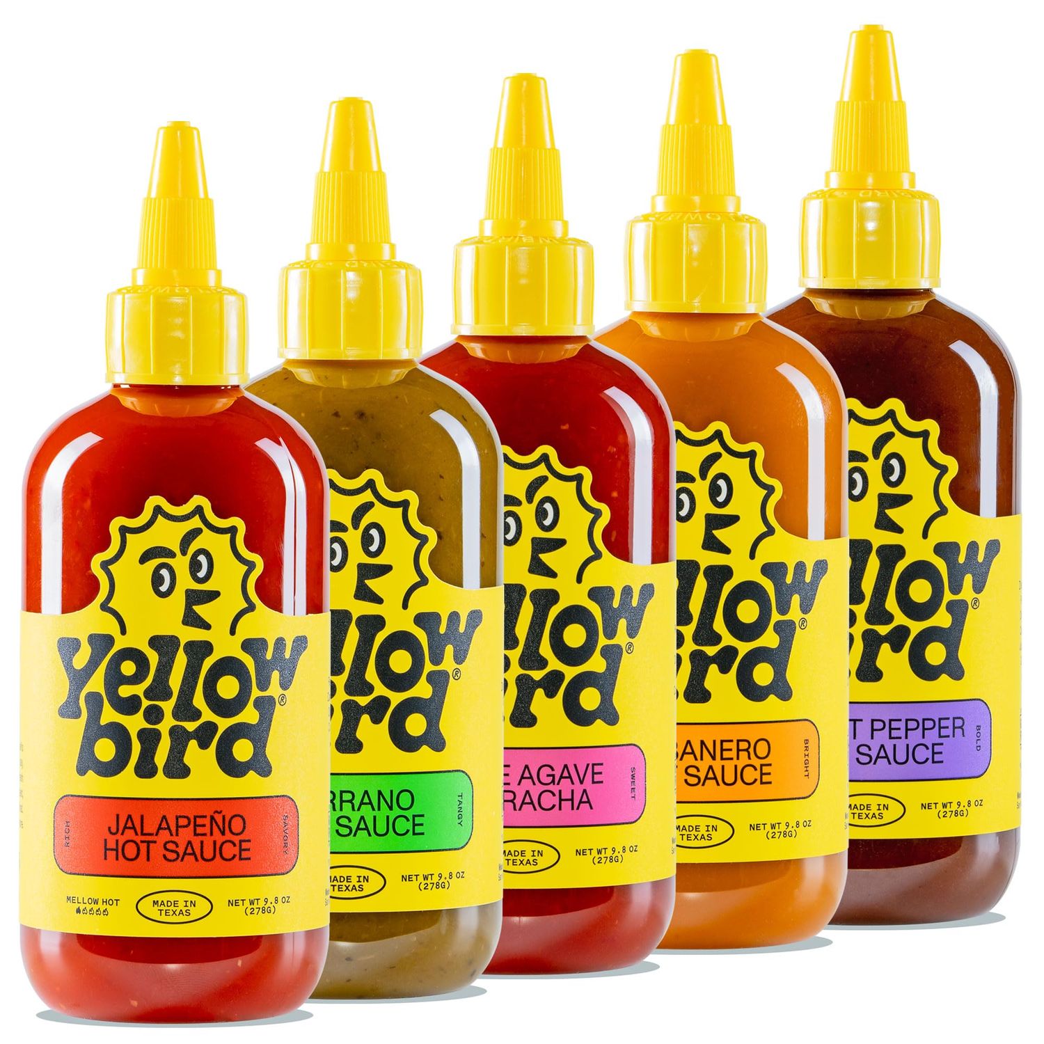 Yellowbird Classic Hot Sauce Variety Pack - 5-Piece - Mellow to Real Hot - Pantry Size Hot Sauces - Blue Agave Sriracha, Ghost Pepper Hot Sauce, Habanero Sauce &amp; More (9.8 oz, 5 Count)