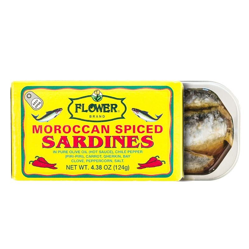 Flower Brand Spiced Sardines (Olive Oil) 4.38 oz Morocco Wild Sardines Canned Sardines, High Protein Food, Keto Food, Keto Snacks, Gluten Free Food, Canned Food Bulk Sardines in Oil (Pack of 5)