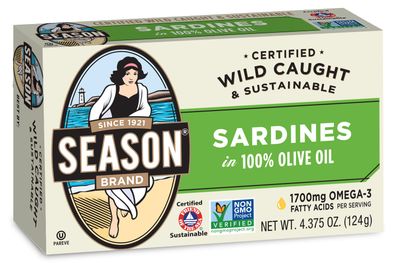Season Sardines in Olive Oil - Wild Caught, 22g of Protein, Keto Snacks, More Omega 3&#39;s Than Tuna, Kosher, High in Calcium, Canned Sardines - 4.37 Oz Tins, 12-Pack