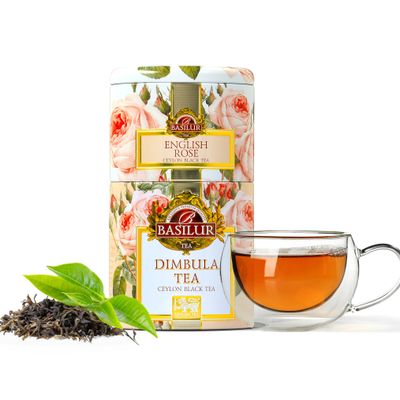 Basilur Floral Pink Luxury Tin Caddy with Dual Compartments - English Rose &amp; Dimbula Loose Leaf Tea Collection, 2.46oz &amp; 1.05oz Resealable Pouches - Premium Sri Lankan Tea, Unique Two-Tier Design