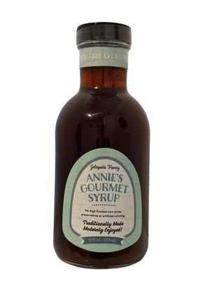 Annies Gourmet Syrup  Homemade  Jalapeno Honey  Syrup  Sweet  Savory  Spicy  Breakfast  Pancakes  Waffles  Beverages  Natural  No Artificial  Tea  Sweet Tea  Biscuits  Jalapeno Honey 12 Oz