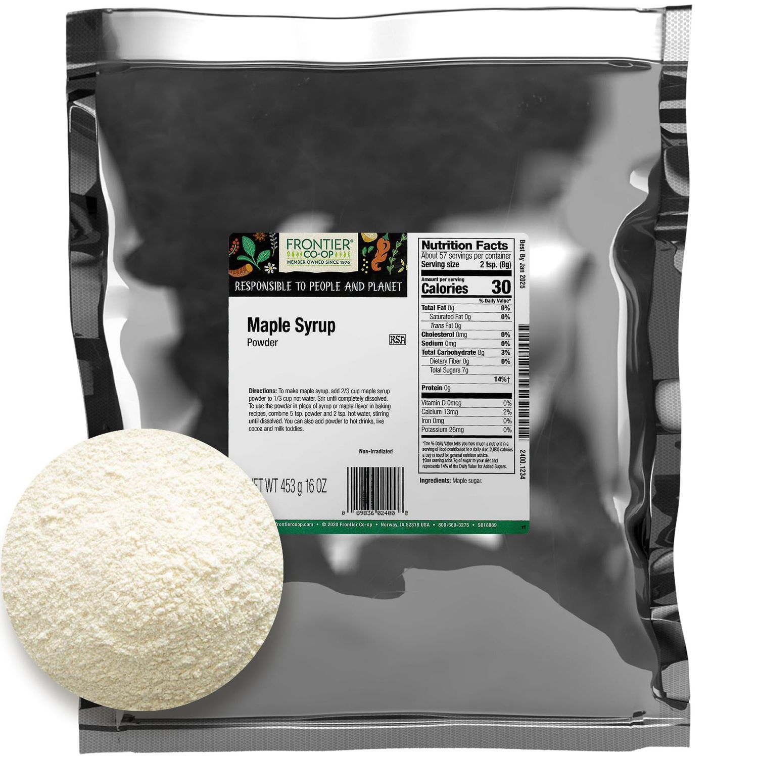 Frontier Co-op Maple Syrup Powder, 1lb Bulk Bag, Pure Maple Sugar, Natural Sweetener, Maple Powder - Perfect Sugar Alternative for Teas, Baking &amp; More