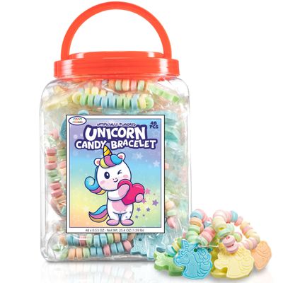 48 Unicorn Candy Bracelets, Individually Wrapped Jewelry for your Unicorn Themed Party, Bulk Candy Perfect for Goody Bags, Party Favors and Birthdays, by 4YoreElves, Pack of 48 x 0.53oz