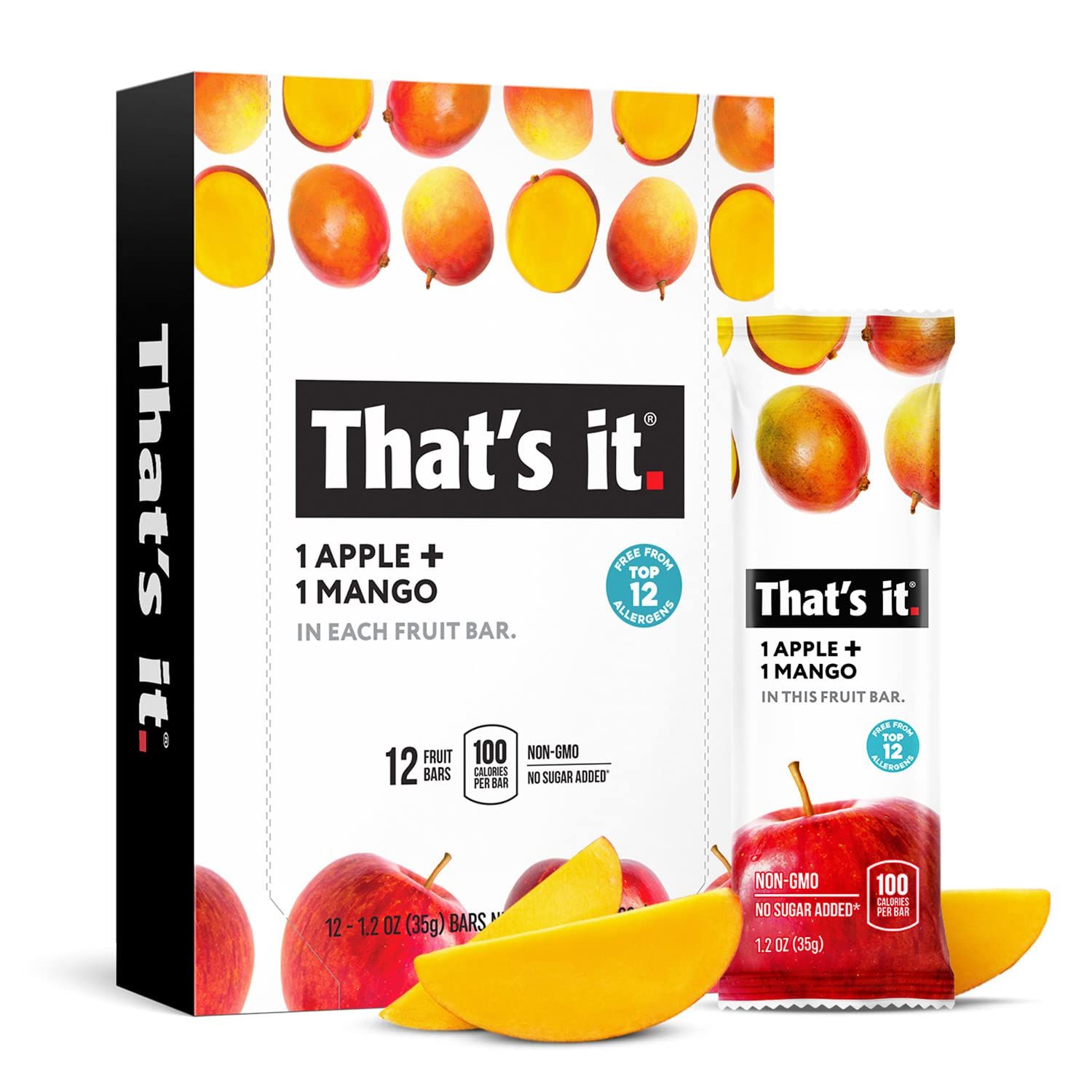 That&#39;s it. Apple + Mango 100% Natural Real Fruit Bar, Best High Fiber Vegan, Gluten Free Healthy Snack, Paleo for Children &amp; Adults, Non GMO No Sugar Added, No Preservatives Energy Food (12 Pack)