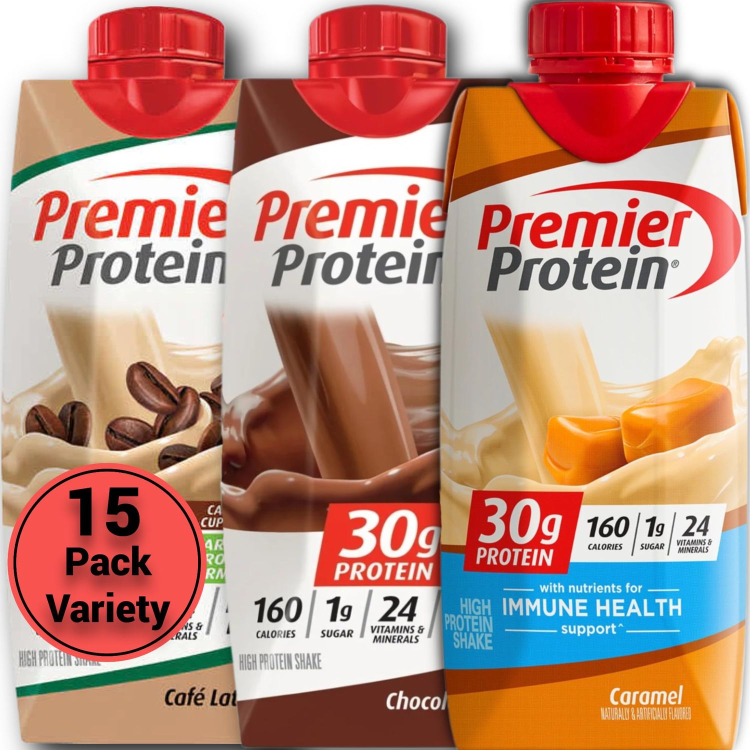 Grab &amp; Go Protein Party: Premier, Protein Shake Sampler (Caramel, Cafe Latte, Chocolate) - 5 of Each Flavor, 15 Total