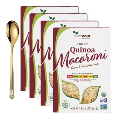 moofin NOW Elbow Macaroni, 8 Oz, Bundled with Golden SS Spoon, Organic - Quinoa-Based, Gluten Free, High in Fiber &amp; Magnesium, Non-GMO, Ideal for Various Pasta Dishes [Pack of 4]