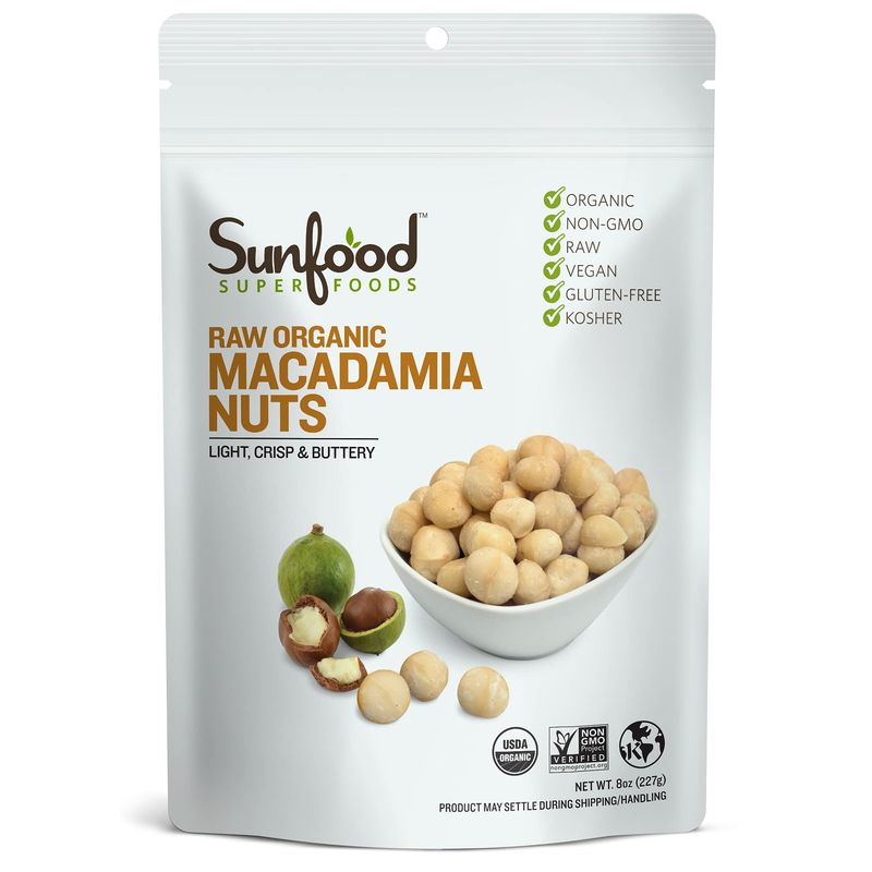 Sunfood Superfood Raw Organic Macadamia Nuts Unsalted - Harvested and Processed at Low Temperatures - Free of Preservatives - Great for Keto Snack or Baking - Kosher, Gluten Free - 8 oz Bag