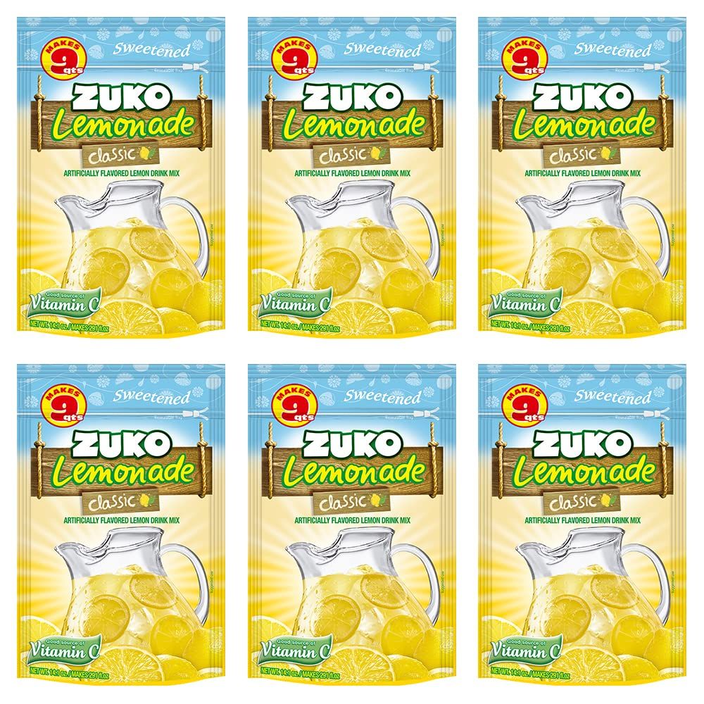 ZUKO Classic Lemonade Instant Powder Drink, Family Pack 14.01 Oz, No Sugar Needed, Vitamin C (Pack of 6)
