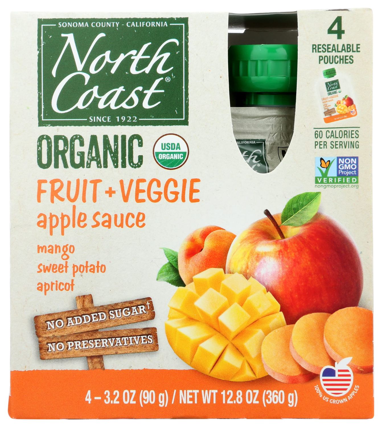 North Coast Organic Apple Sauce Pouch, Mango, Sweet Potato, Apricot Flavor, USDA Organic, 4 Each (Pack of 6)