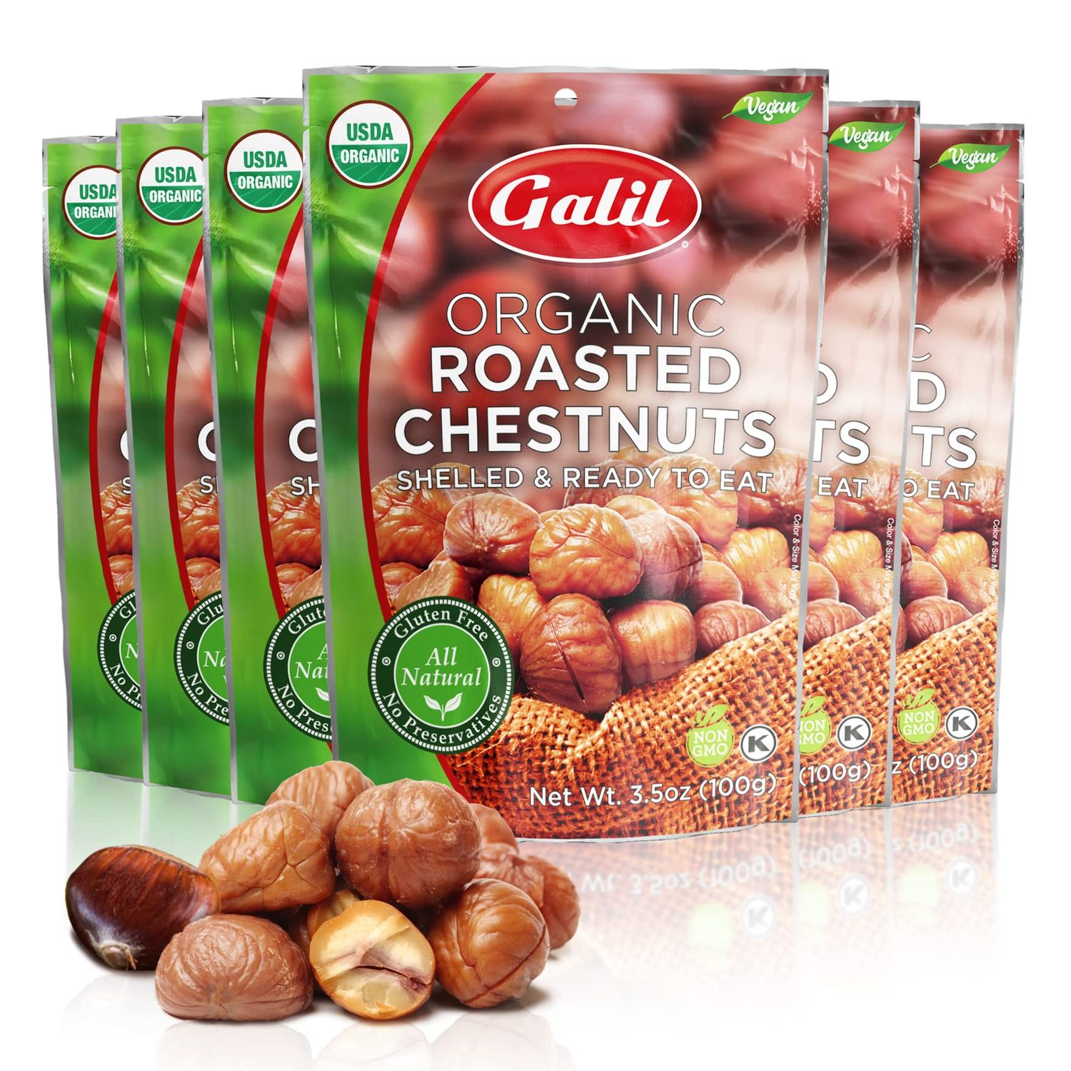 Galil Organic Roasted Chestnuts, Pack of 6, 3.5 oz Bags, Shelled Chestnut, Chestnuts Roasted Peeled