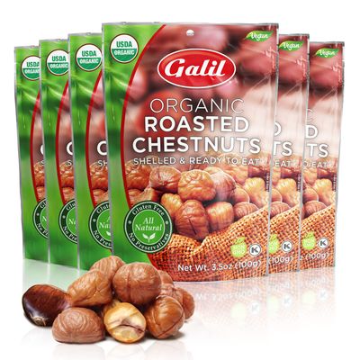 Galil Organic Roasted Chestnuts, Pack of 6, 3.5 oz Bags, Shelled Chestnut, Chestnuts Roasted Peeled