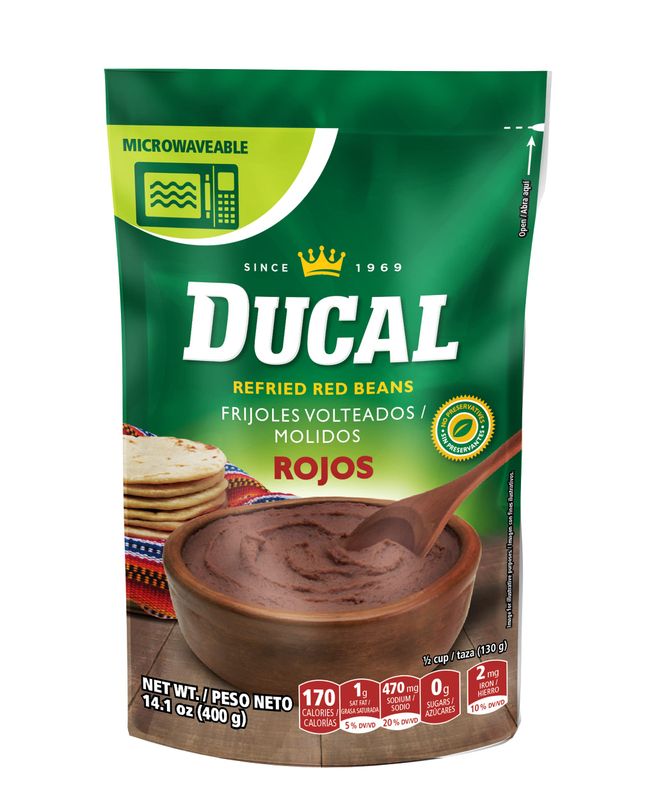 Ducal Refried Red Beans Pouch - Instant Vegetarian Refried Red Beans, Non-GMO And Gluten-Free - Excellent Source in Protein And Iron, Cholesterol Free, 14.1 Ounce (Pack of 18)
