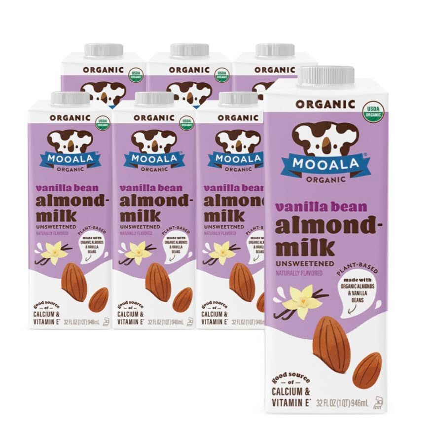 Mooala Organic Vanilla Bean Almond Milk Unsweetened 32 fl oz (Pack of 6) - Shelf-Stable, Lactose Free, Gluten-Free, Vegan, No Added Sugar, Plant-Based Beverage