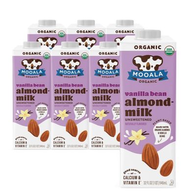 Mooala Organic Vanilla Bean Almond Milk Unsweetened 32 fl oz (Pack of 6) - Shelf-Stable, Lactose Free, Gluten-Free, Vegan, No Added Sugar, Plant-Based Beverage