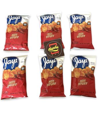 Munchie Box Jay&#39;s Hot Stuff Potato Chips an Iconic Chicago Style taste (Pack of ( 6 ) 1.25 Oz Bags)