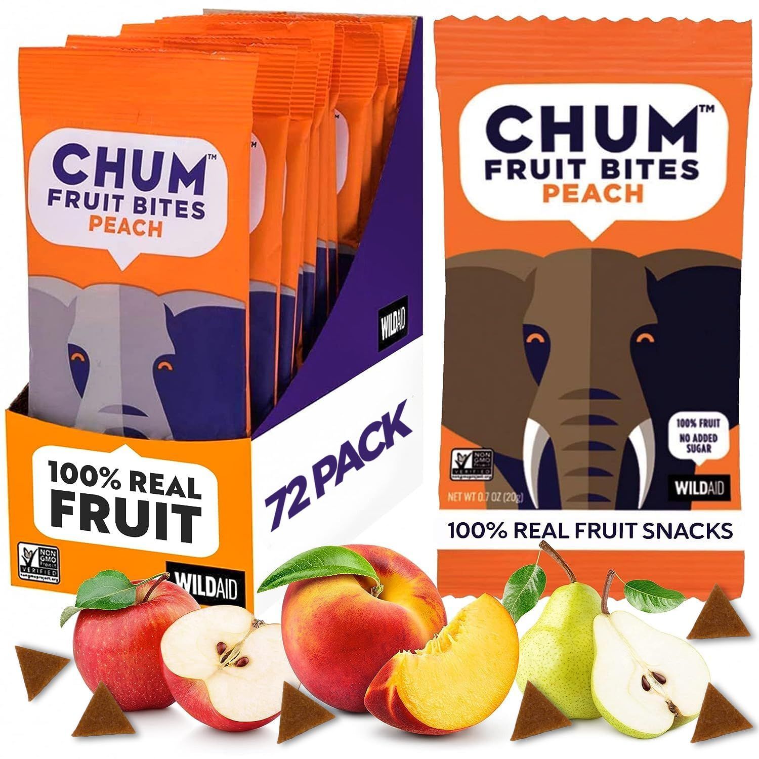 Chum Fruit Bites 100% Real Fruit Snacks | Peach, 72 Pack | Non-GMO, No Added Sugar or Preservatives | Top 12 Allergen and School Friendly, Nut-Free, Gluten-Free, Vegan, Kosher, Paleo